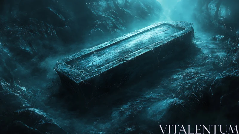 Ancient stone sarcophagus in eerie blue-lit cavern.