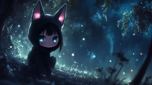 Moonlit cat-hooded child among whispering forest fireflies.