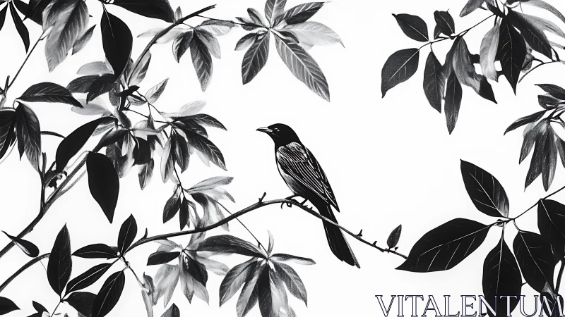 Black and white bird illustration perched on leafy branch, minimalist style.