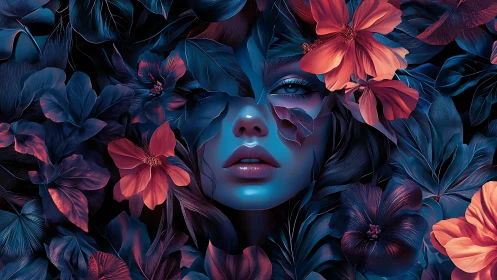 Midnight garden muse framed by glowing crimson blooms.