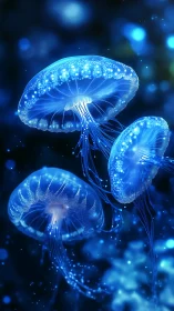 Glowing blue jellyfish drift in dark underwater environment