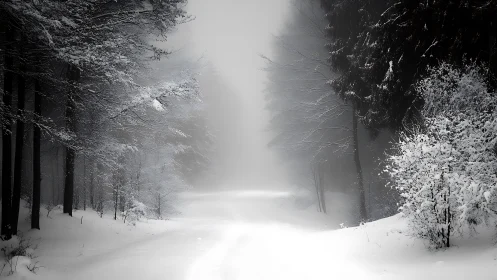 Winter road drifts quietly into a soft, silver-white oblivion