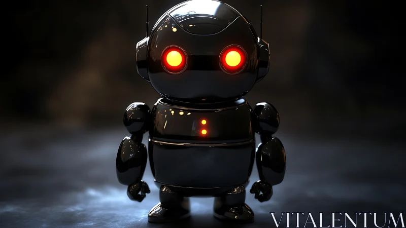 Chrome-eyed pocket robot glowing softly in neon dusk.