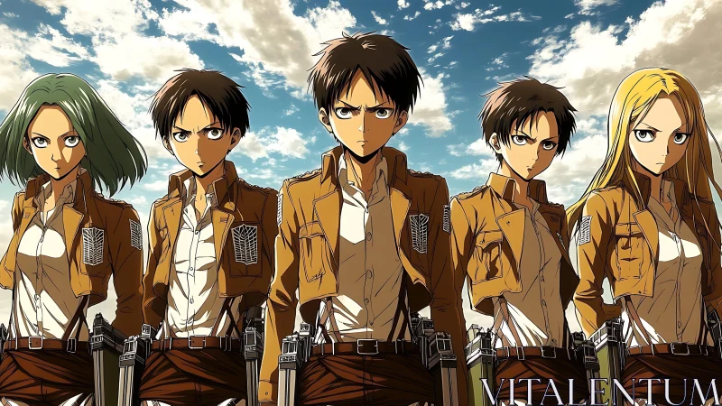 Five uniformed anime soldiers standing in formation outdoors.