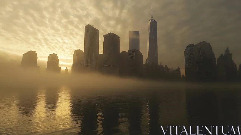 Golden fog wraps a quiet city skyline at sunrise.