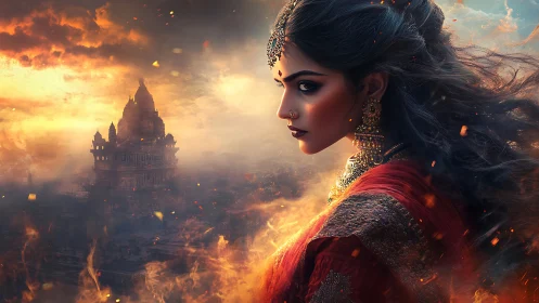 Fiery regal portrait with temple silhouette in infernal dusk.