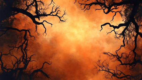 Silhouetted tree branches encircle incandescent sky aperture.