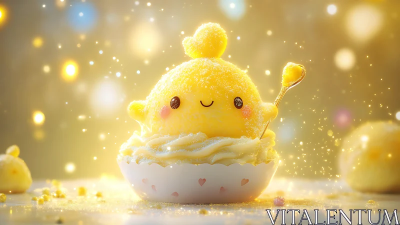 Golden Chick Cupcake Character Surrounded by Sparkling Light.