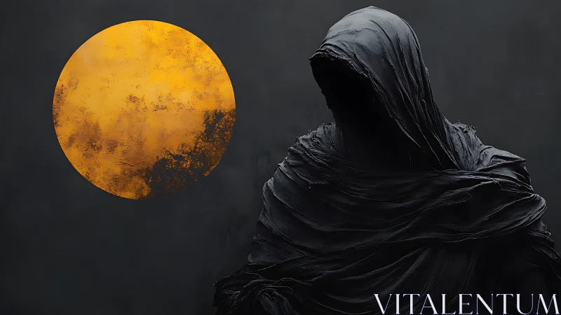 Shrouded hooded figure in tattered black before corroded sun