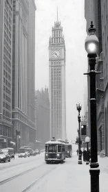 Snow-covered urban tramway aligned with tall clock tower in mist