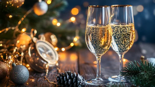 Two champagne flutes sparkle beside festive Christmas decor