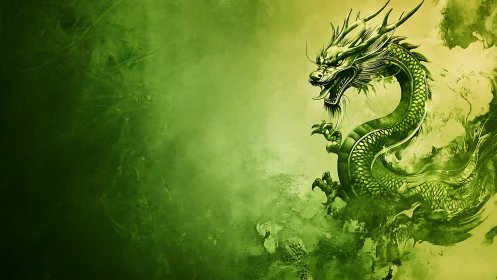 Emerald serpentine dragon rendered with dynamic ink-like particle dispersion
