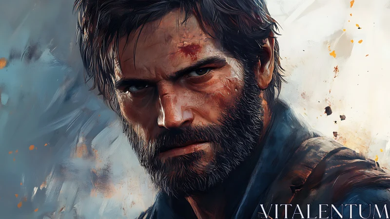 Bearded male portrait with textured bruised face in profile.