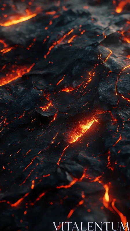 Molten lava flow surface with incandescent cracks and cooling ash