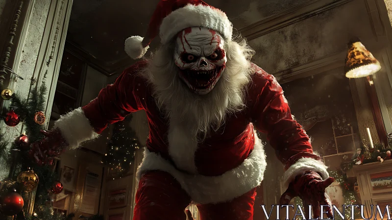 Nightmare Santa stalks a haunted Christmas living room.