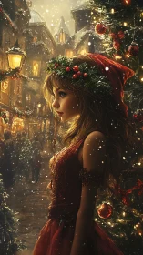 Festive girl in red dress in illuminated snowy Christmas street