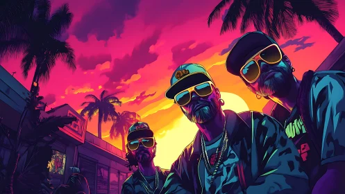 Neon sunset crew swaggering through vaporwave palm streets.