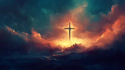 Luminous cross emerging above stormy ocean under star field