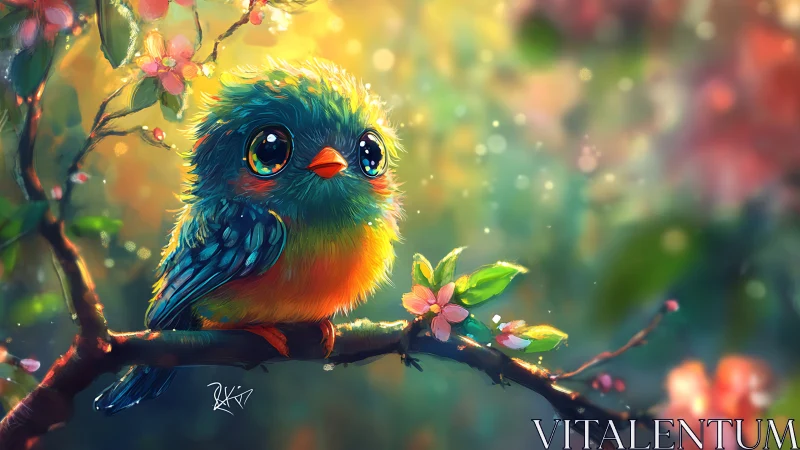 Adorable Cartoon Bird on Blossoming Branch in Vibrant Digital Art.