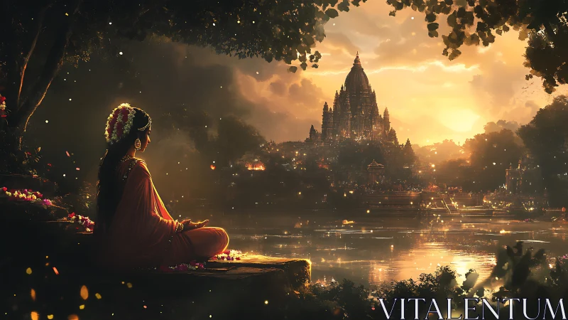 Meditative woman by riverside temple at golden sunset.