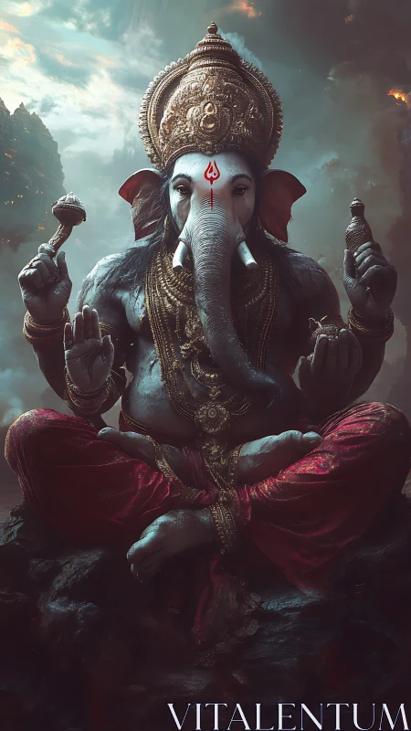 Divine elephant-headed deity seated in stormy mountain dusk
