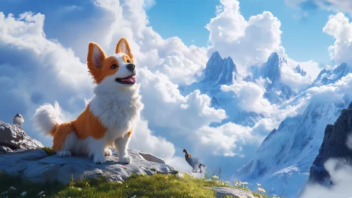 Corgi daydreams on a cloud kissed mountain overlook.