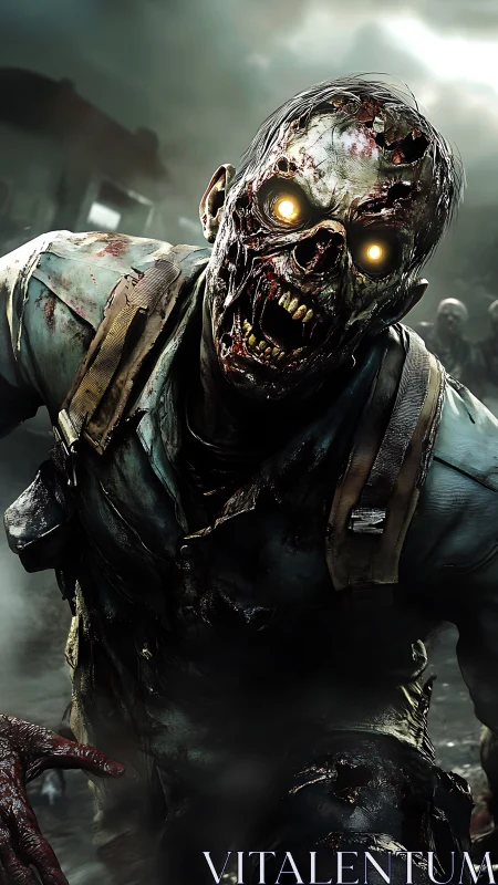 Decomposed humanoid figure with glowing eyes in ruins.