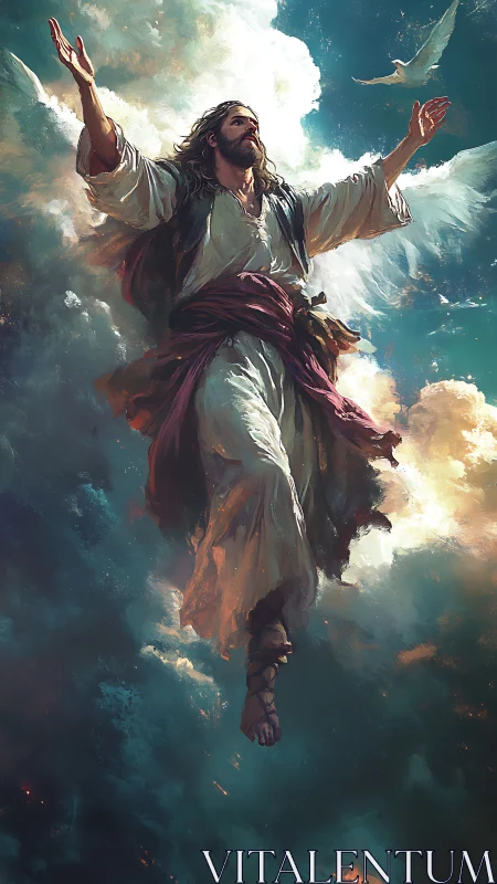 Robe-clad figure ascends through illuminated clouds with dove overhead