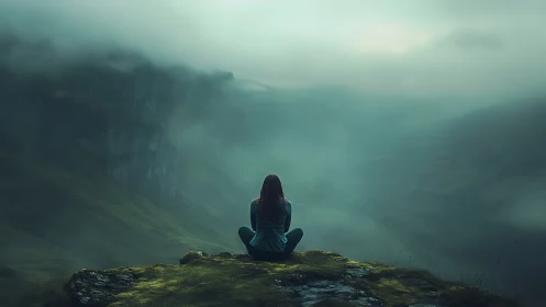 Solitary figure on cliff above fog covered mountain valley.