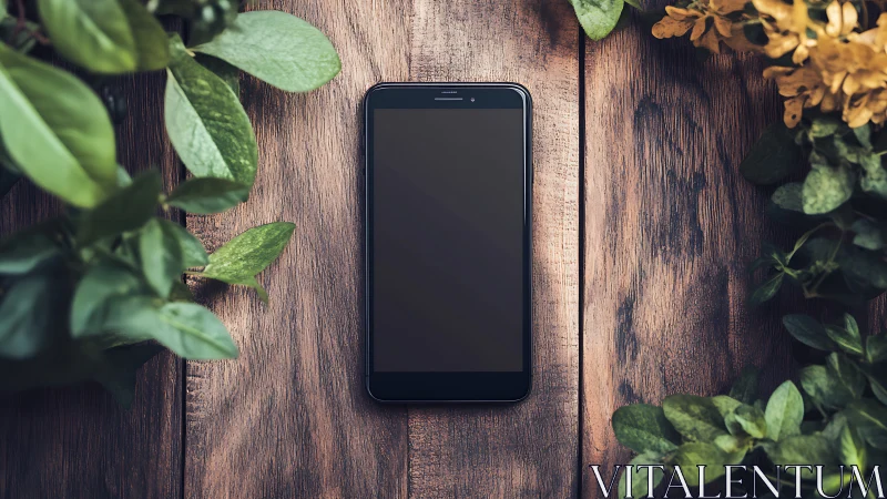 Smartphone Centered on Weathered Wood with Natural Foliage.