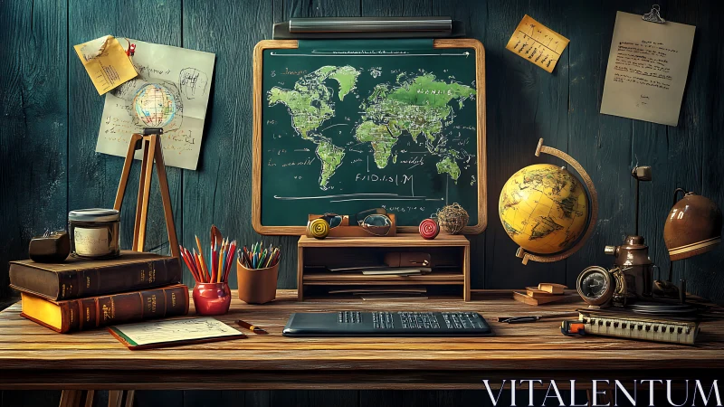 Study desk arrangement with world map board and globes