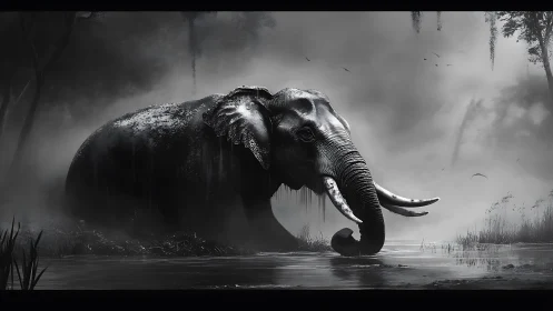 Monochrome elephant standing in shallow misted wetland scene.