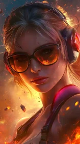 Digital portrait of figure wearing sunglasses with warm atmospheric lighting effects