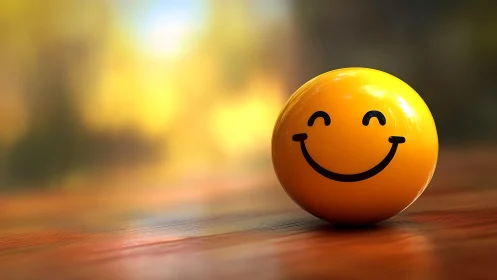 Smiling yellow sphere on wooden surface in warm bokeh light.