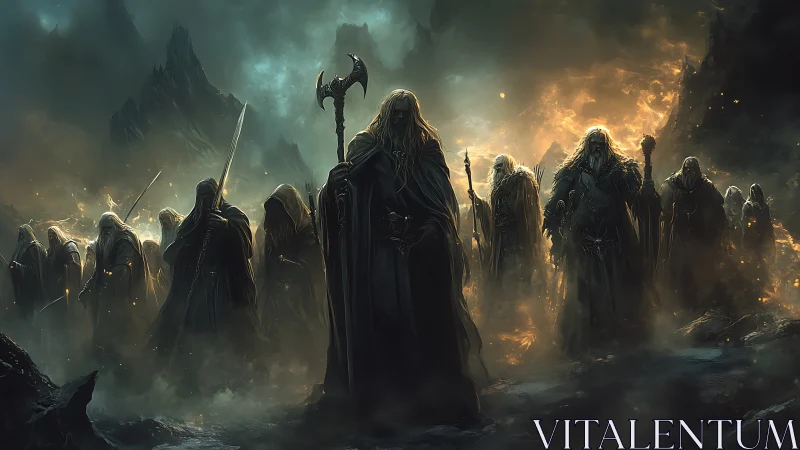 Cloaked spectral warriors advance through volcanic wasteland haze