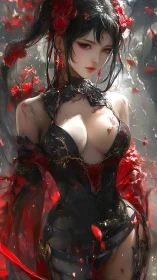 Baroque gothic anime sorceress in red rose battle regalia