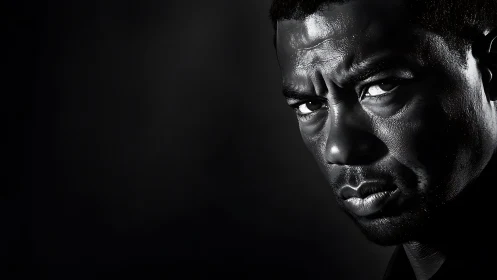 Male face lit in harsh side light showing tense expression