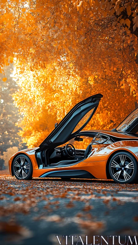 Autumn blaze supercar poised beneath a golden leaf canopy.