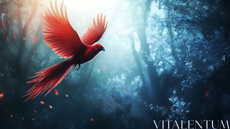 Majestic red bird in mystical forest, dramatic lighting, fantasy style.