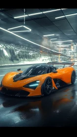 Sleek orange supercar glowing under futuristic tunnel lights.
