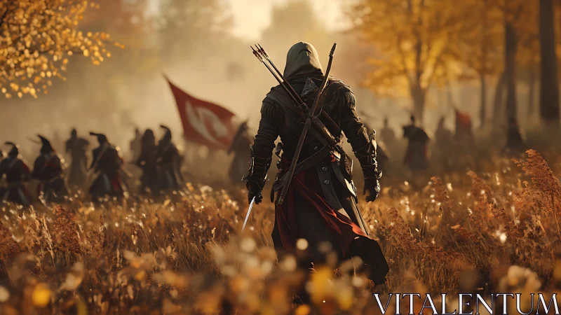 Cloaked warrior strides through autumn battlefield haze