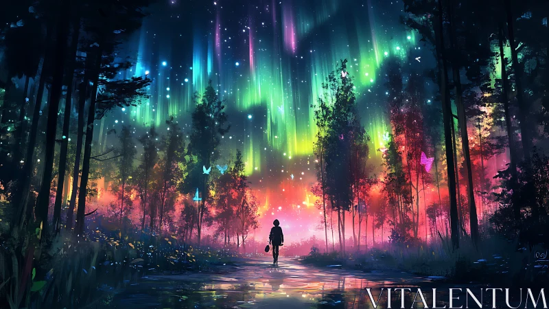 Luminescent forest path beneath cascading aurora veil.