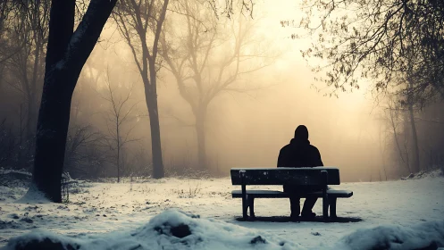 Solitary winter dreamer listens to the forest breathe quietly