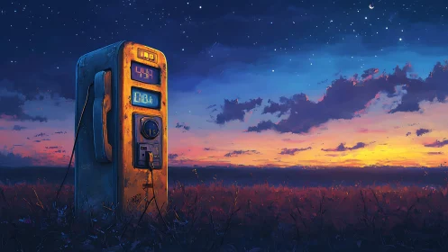 Weathered retro gas pump contrasts dusk horizon and starfield