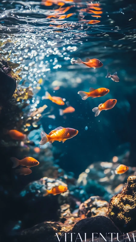Sunlit goldfish drift gently through a sparkling underwater world