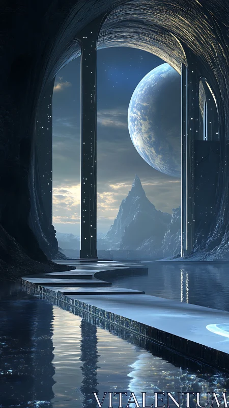 Celestial gateway rises above serene alien waterscape.