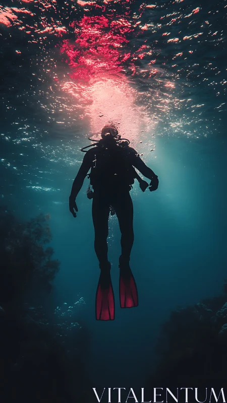 Scuba diver silhouette ascending through colored surface light