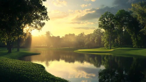 Golden hour hush over a misty lakeside golf dreamscape.