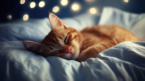 Ginger Cat Resting on Soft Bedding with Ambient Bokeh.
