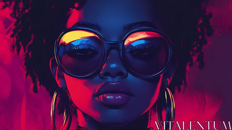 Neon lit portrait of woman in oversized sunglasses and hoops